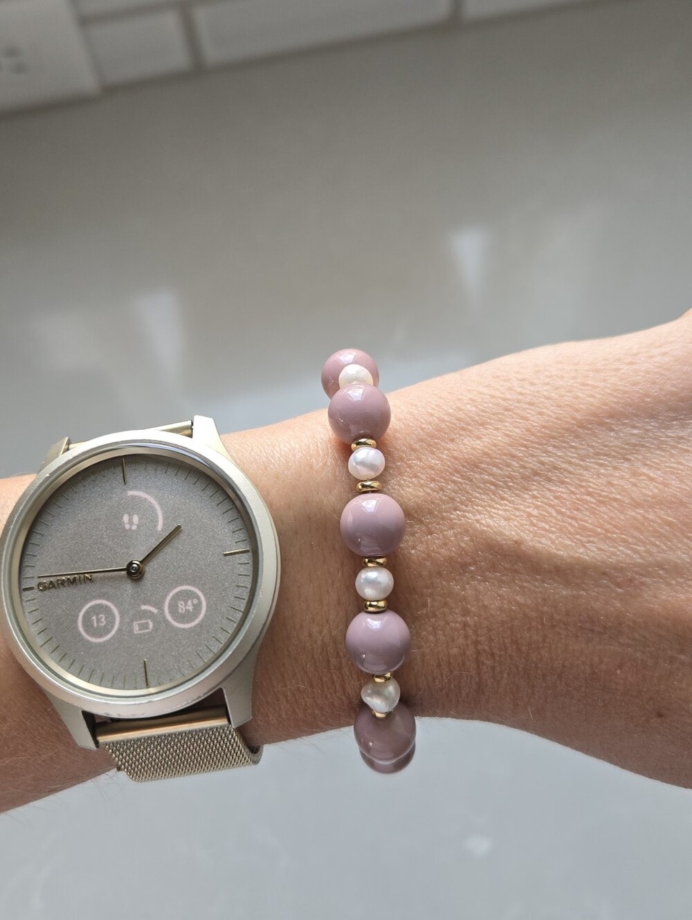 Handcrafted Fresh Water Pearl Bracelet With Glass Mauve Beads